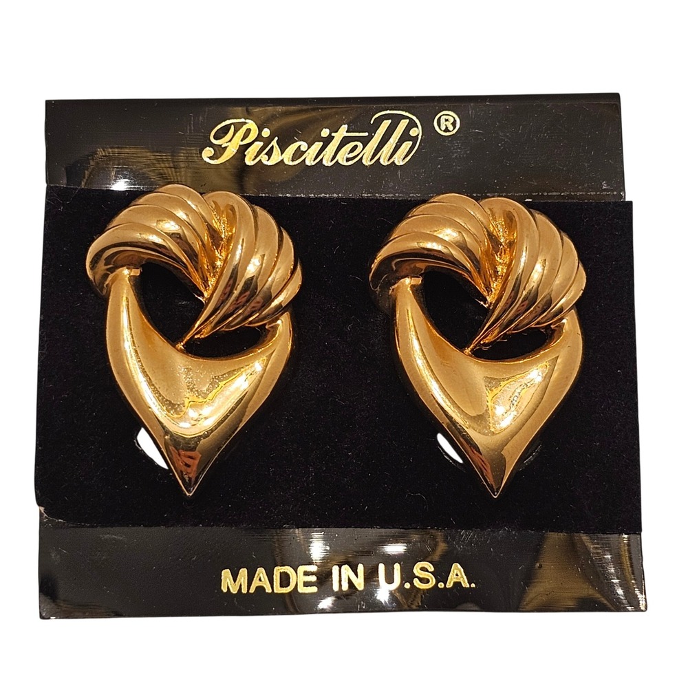 Piscitelli Vintage Gold Tone Ribbed Statement Clip On Earrings Made in USA 80s